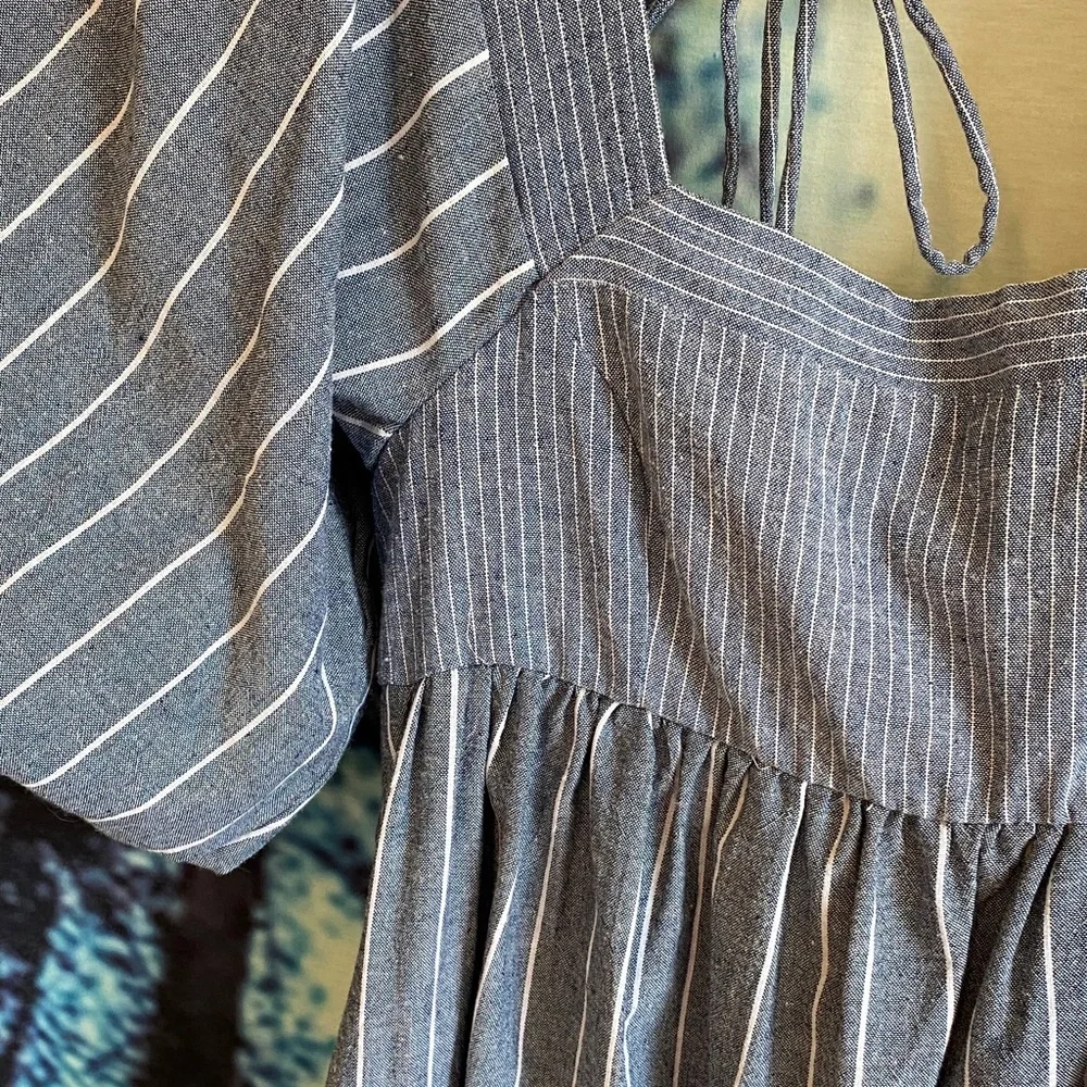 Free People blue and white Striped Mini Dress open back puff sleeves denim like - Picture 6 of 12